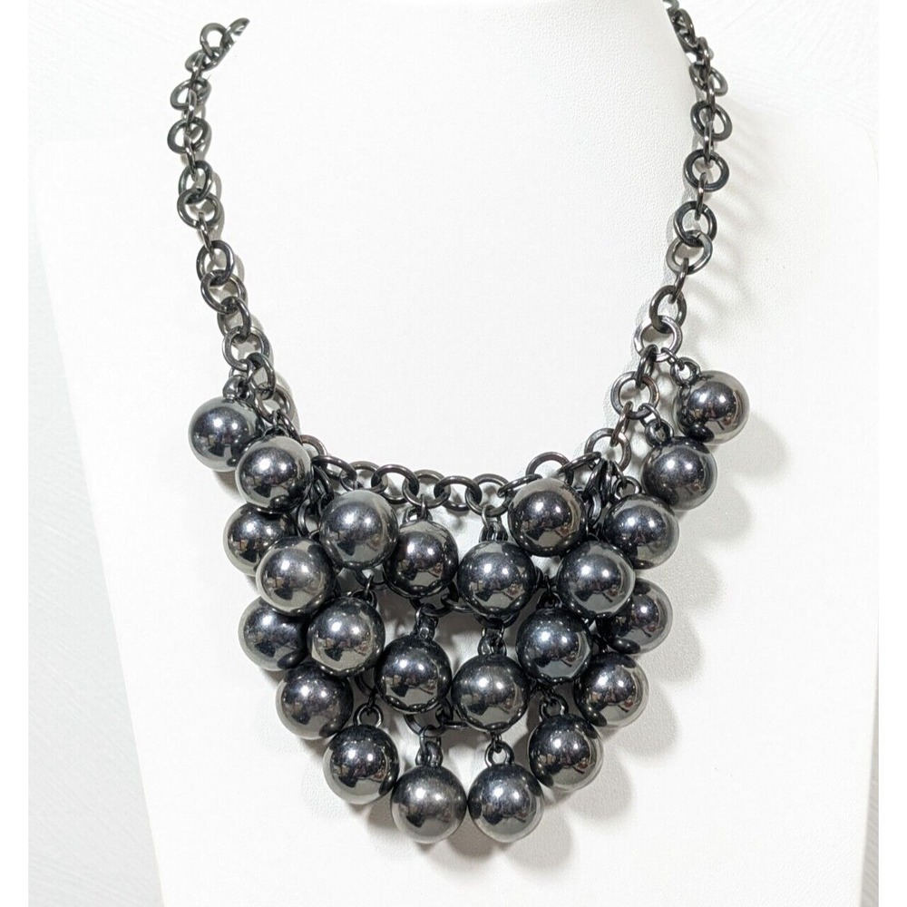 Gray‎ Metallic Cluster Round Bead Charm Statement Necklace 17.5 in